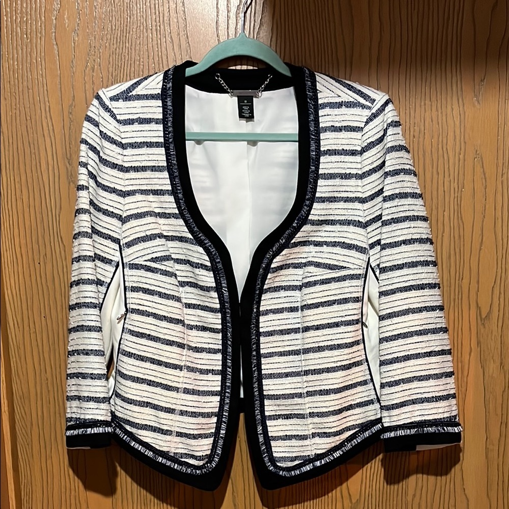 White House Black Market blue and white tweed style blazer, size 10